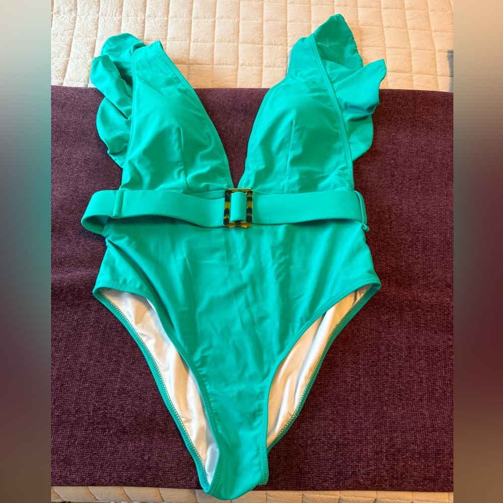 Avanova Teal Ruffle Deep V One Piece swimsuit Large belted bathing suit